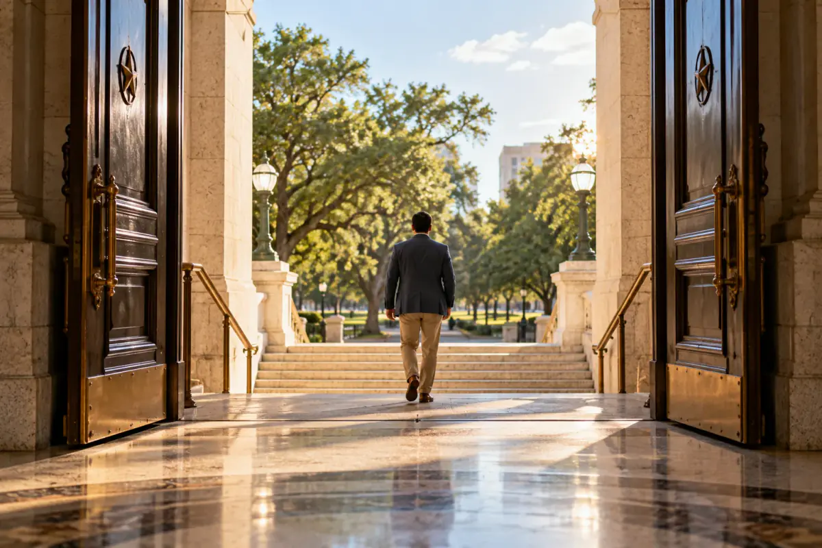Sunlight beyond a courthouse exit, suggesting the next chapter after a case ends.