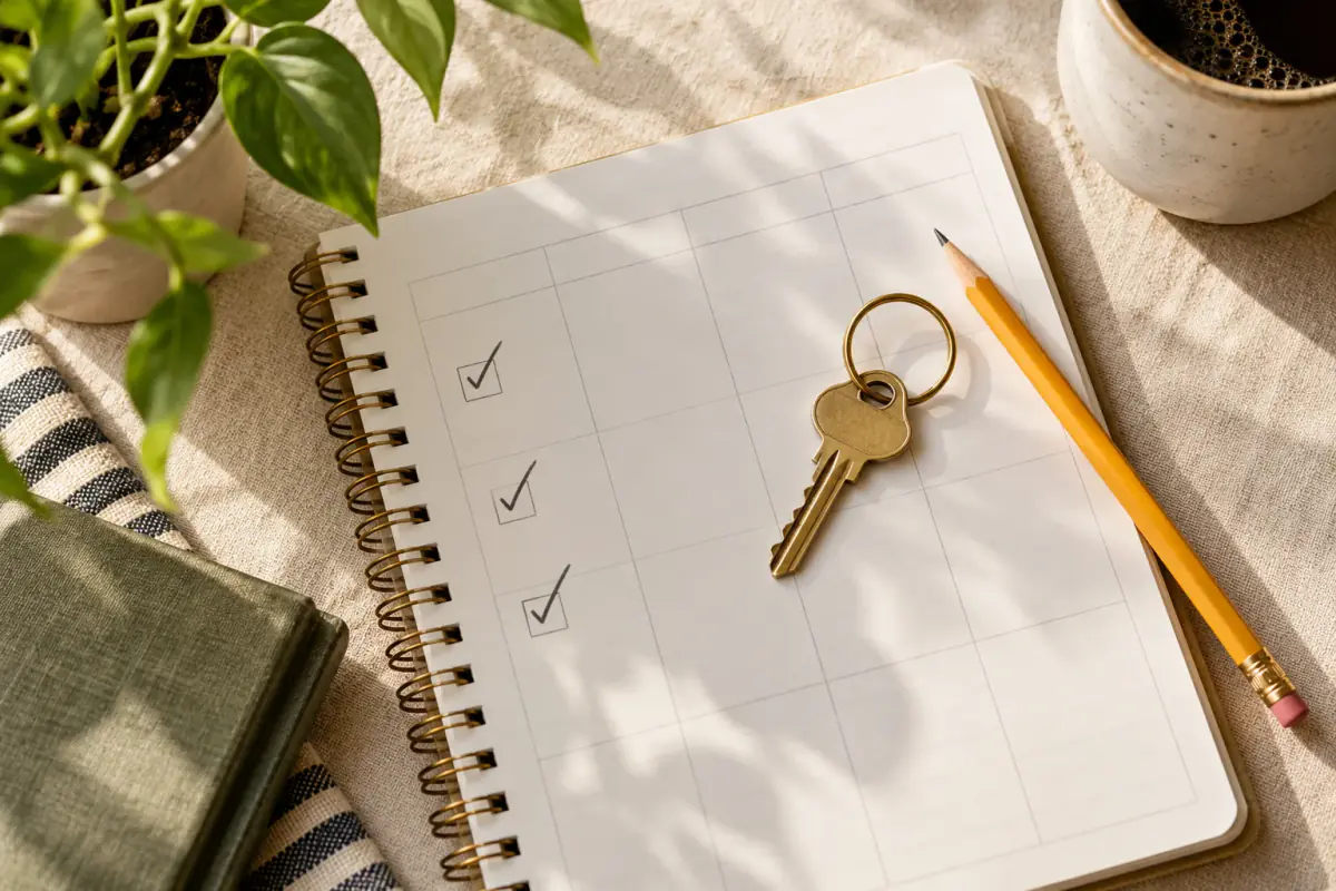A planner, pencil and house key arranged for an after-release checklist.