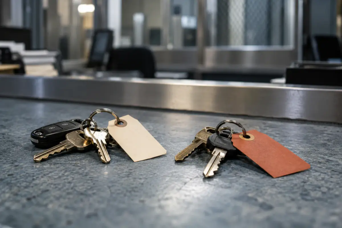 Two separate property keyrings representing an original case and a new arrest.