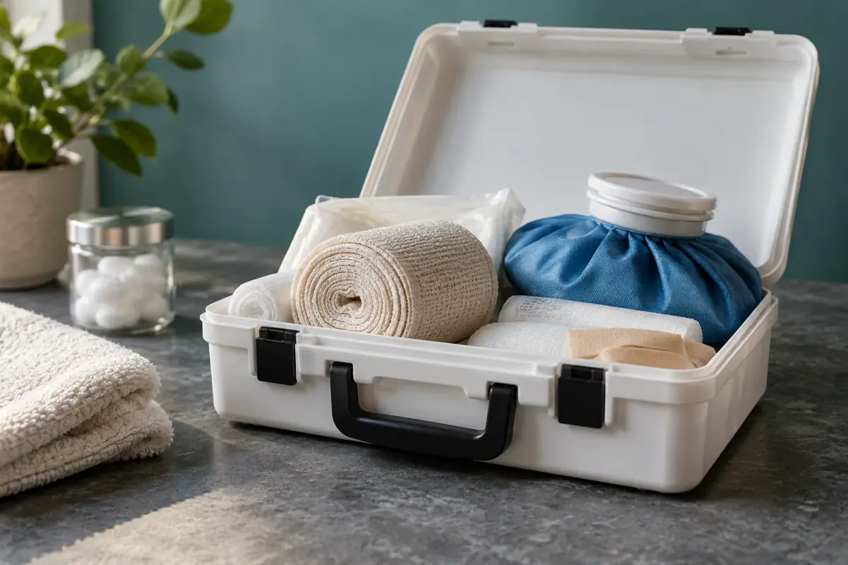 A gauze bandage and ice pack beside an open first-aid kit.