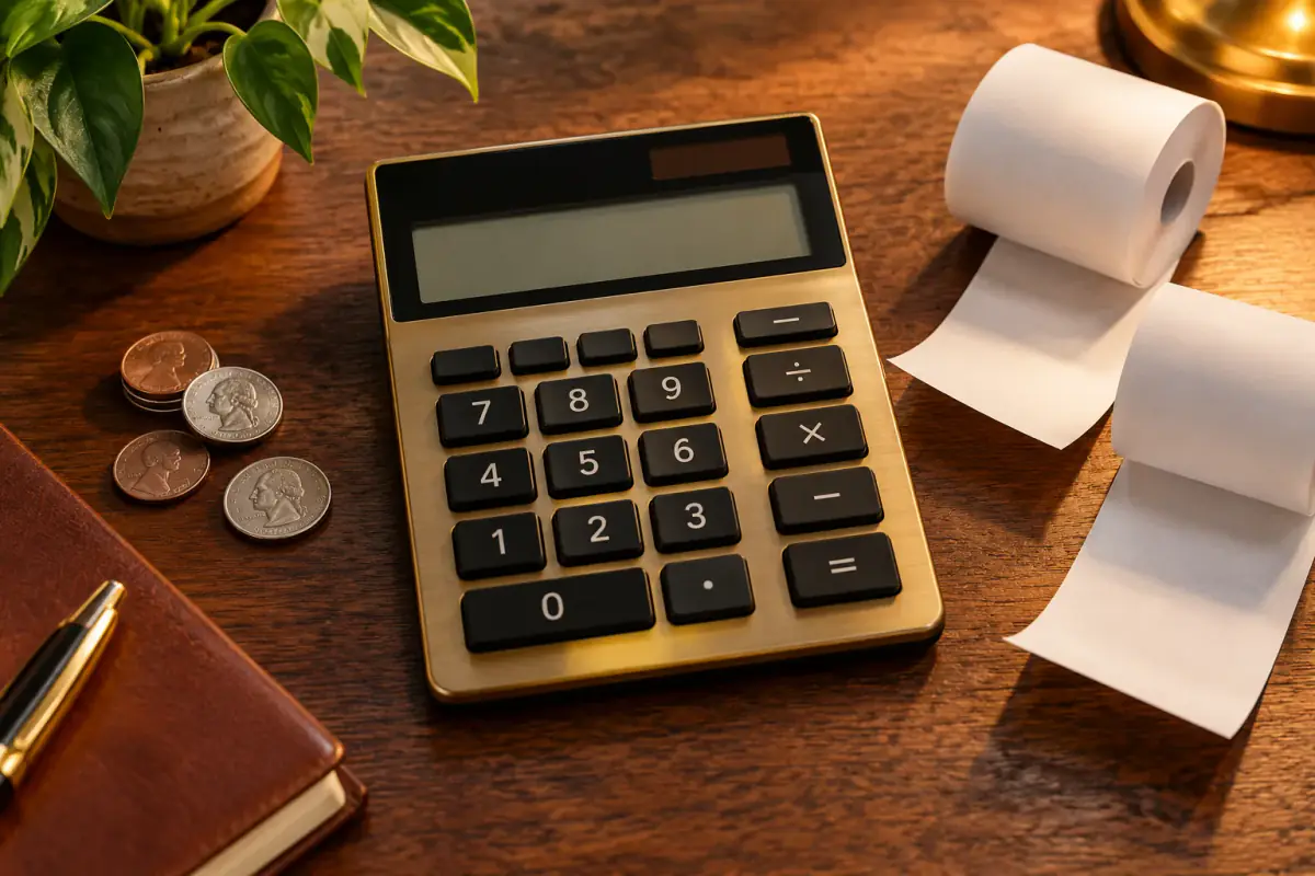 A calculator, receipts and coins arranged on a desk.