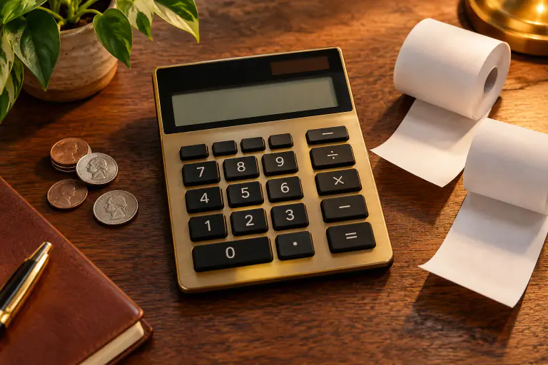 A calculator, receipts and coins arranged on a desk.
