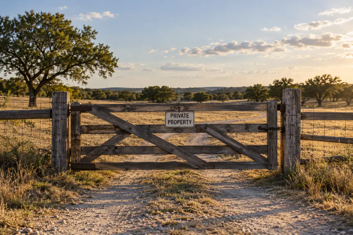 A closed farm gate marking a private property boundary.