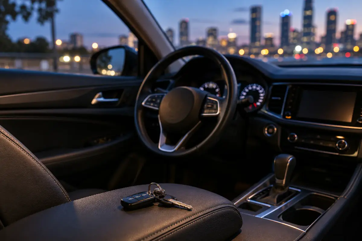 Keys resting inside a parked car at dusk.