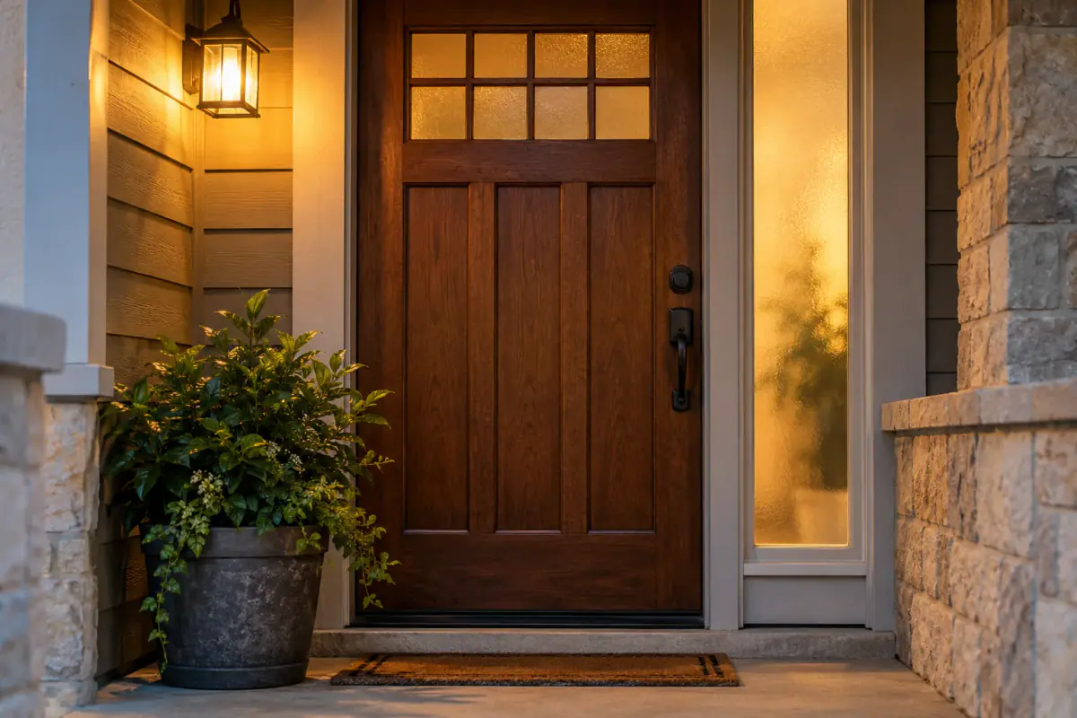 A closed home entrance with a warm porch light and secure lock.