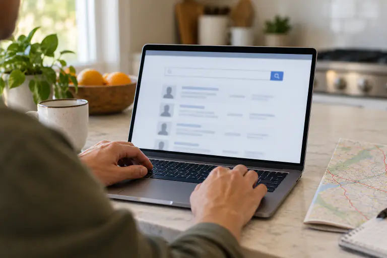 A laptop search beside a local map, representing an inmate lookup.