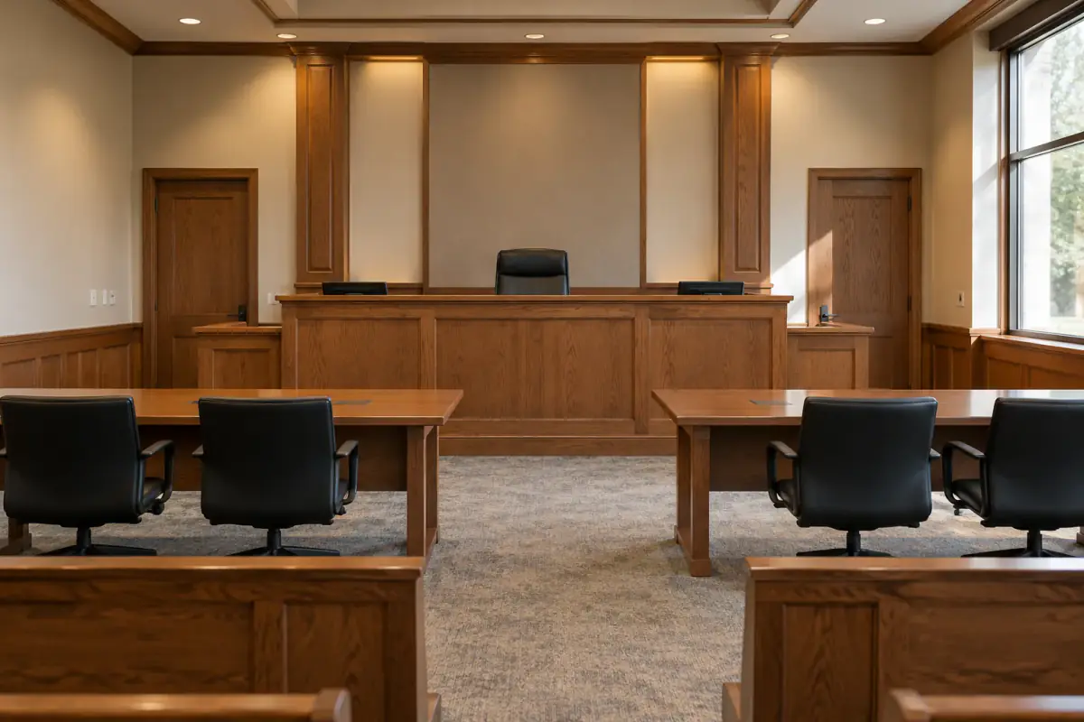 An empty hearing room with a judge’s bench and counsel tables.