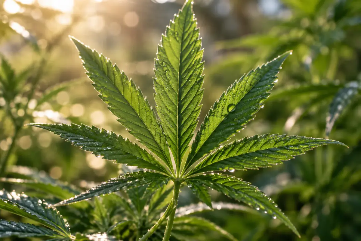 A green cannabis leaf in natural light.