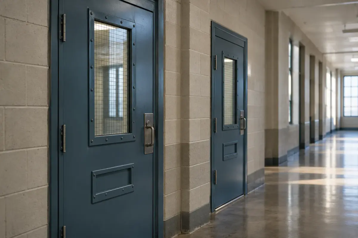 Two separate security doors in a quiet institutional corridor.