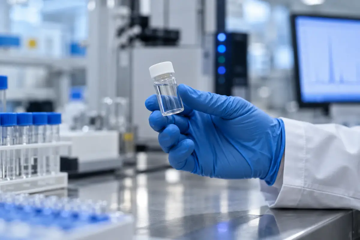 A gloved hand examining a sealed vial in a laboratory.