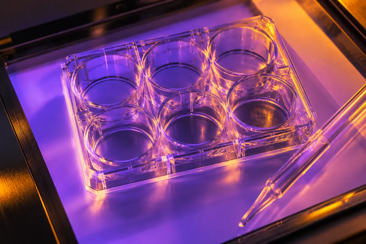 Transparent laboratory sample wells under violet light.