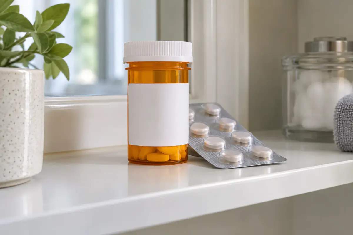 A plain prescription bottle and sealed blister packaging.