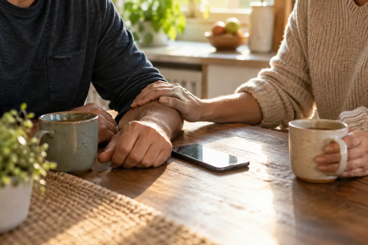 Two people offering support beside a phone at a kitchen table.