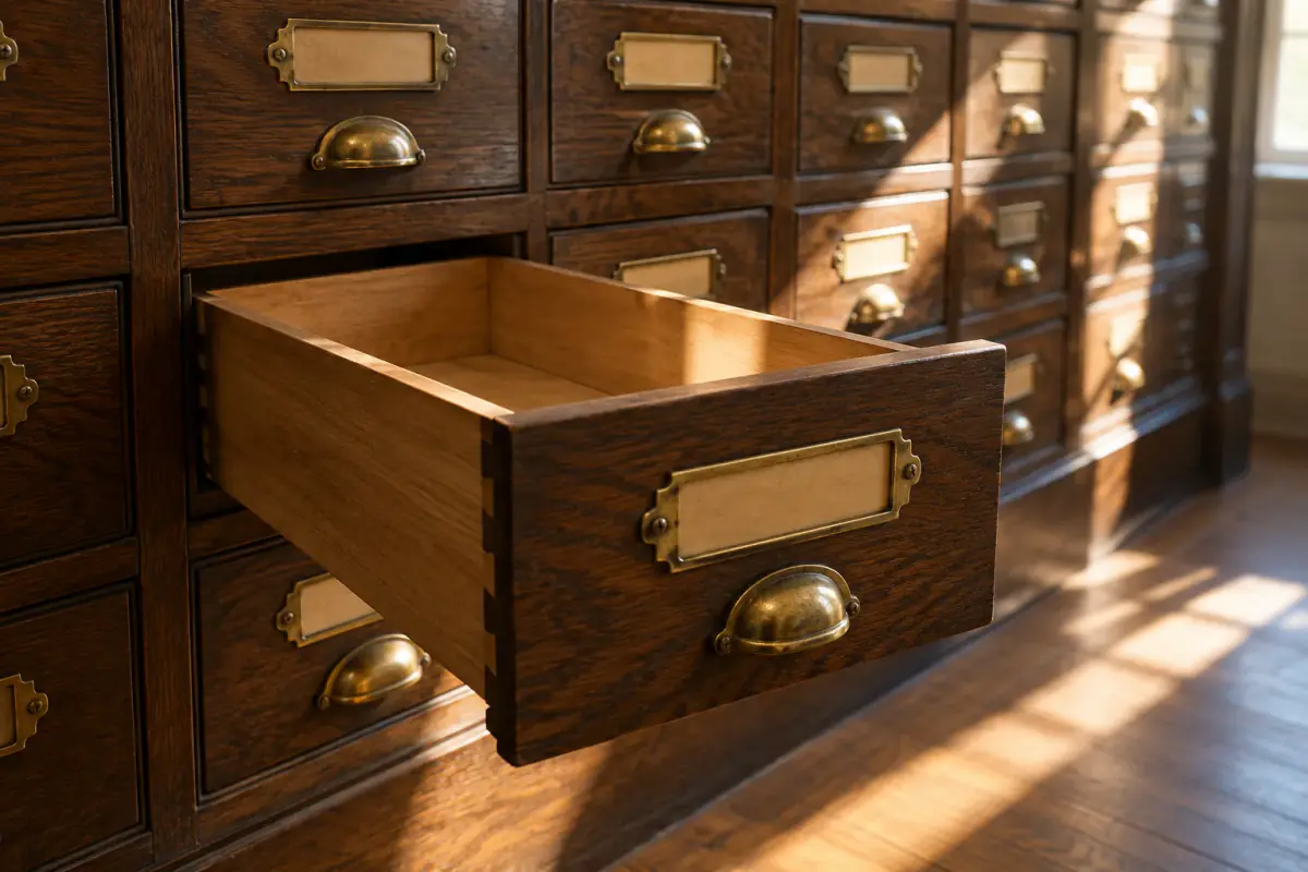 An empty archive drawer lit by morning sunlight.