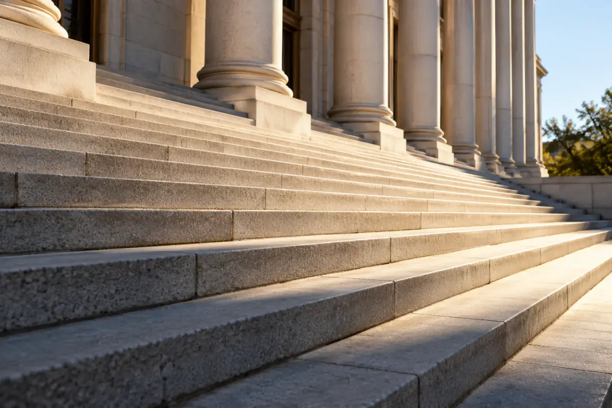 Courthouse stone steps rising through alternating light and shade.