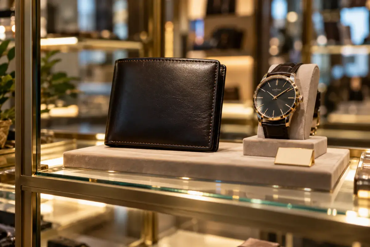 A wallet and wristwatch in a retail display.