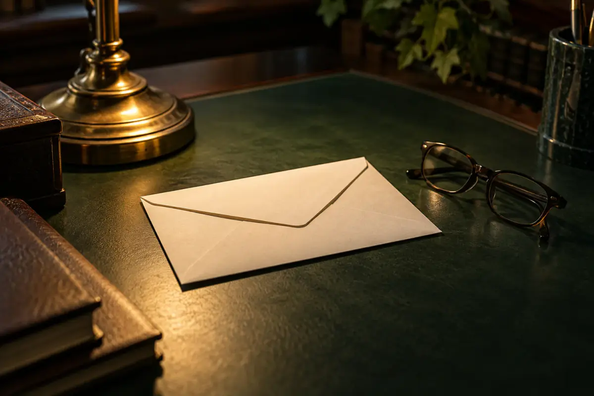 A plain envelope and reading glasses under a desk lamp.
