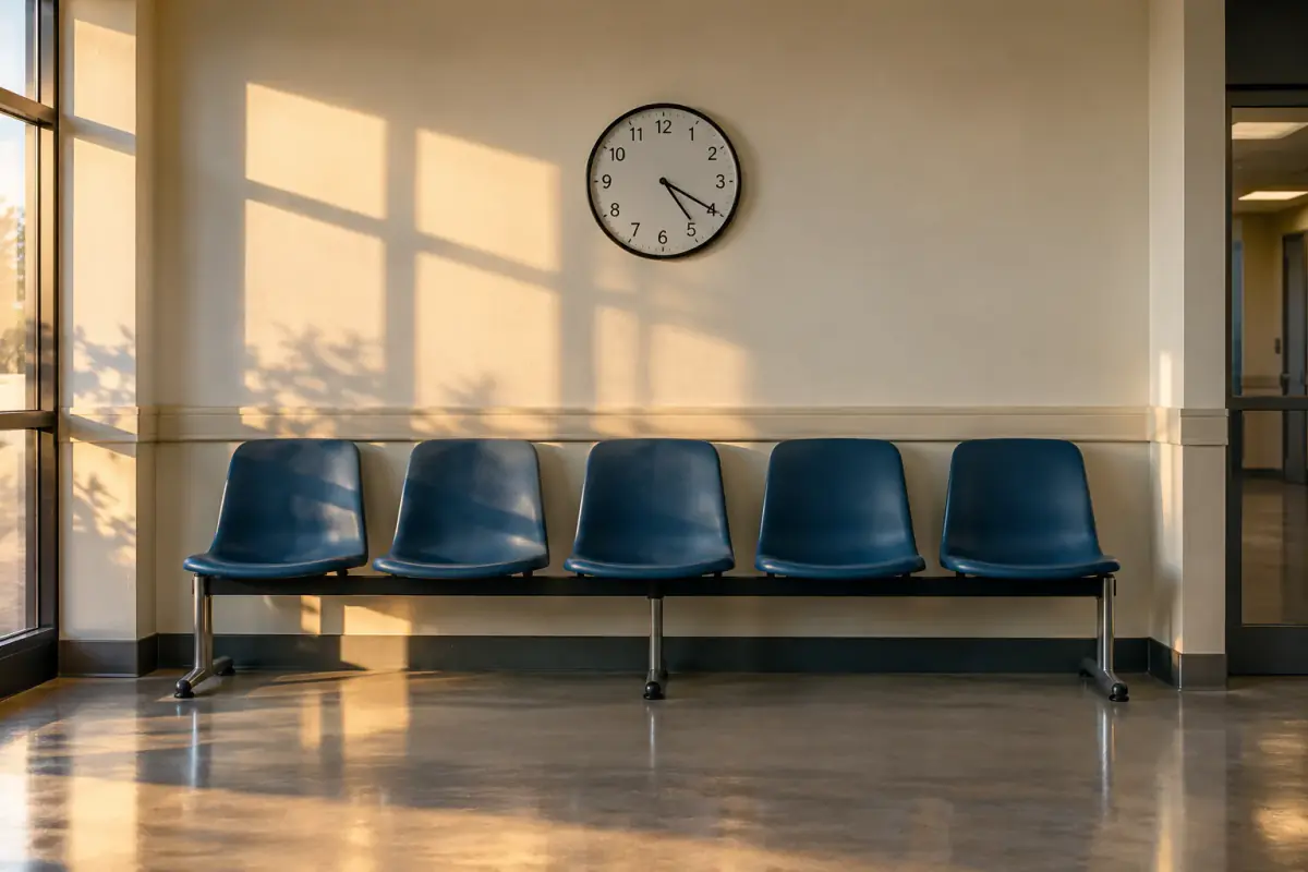 An empty waiting room with blue chairs and a wall clock.